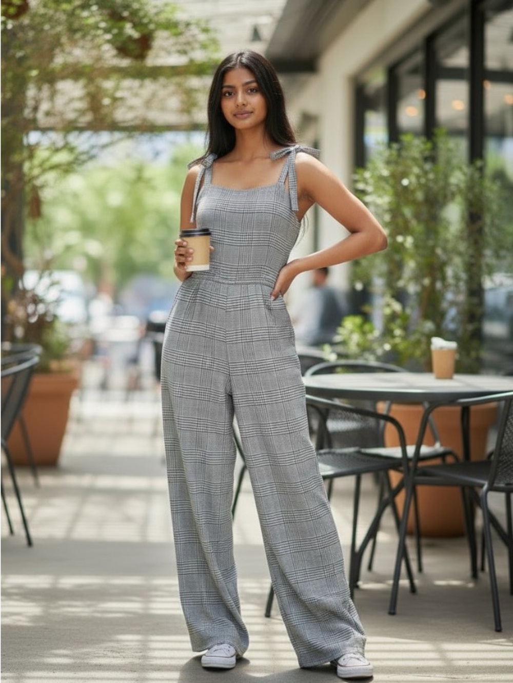 **New** Potter's Pot Gray Plaid Tie-Shoulder Wide-Leg Jumpsuit